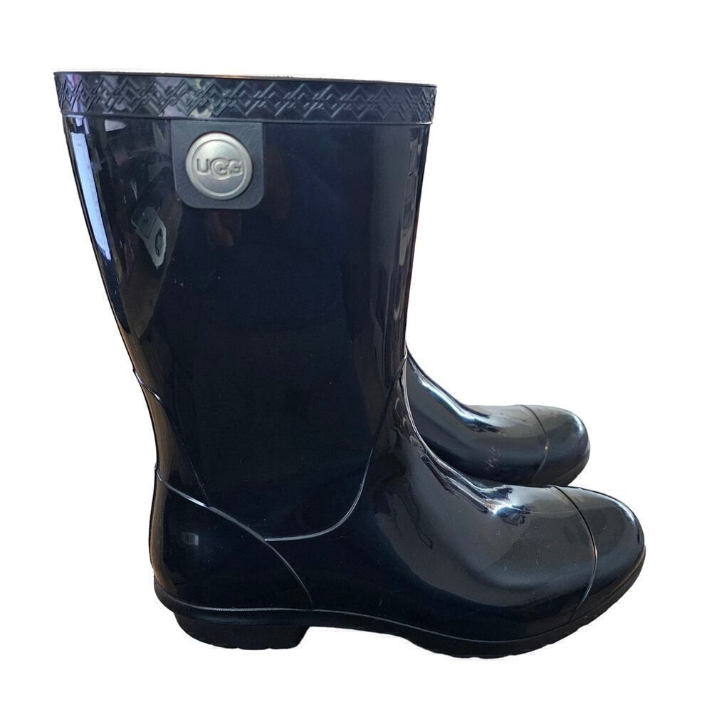 UGG Sienna Rain Boots Womens Size 8 Black Round Toe Pull On Glossy Tall